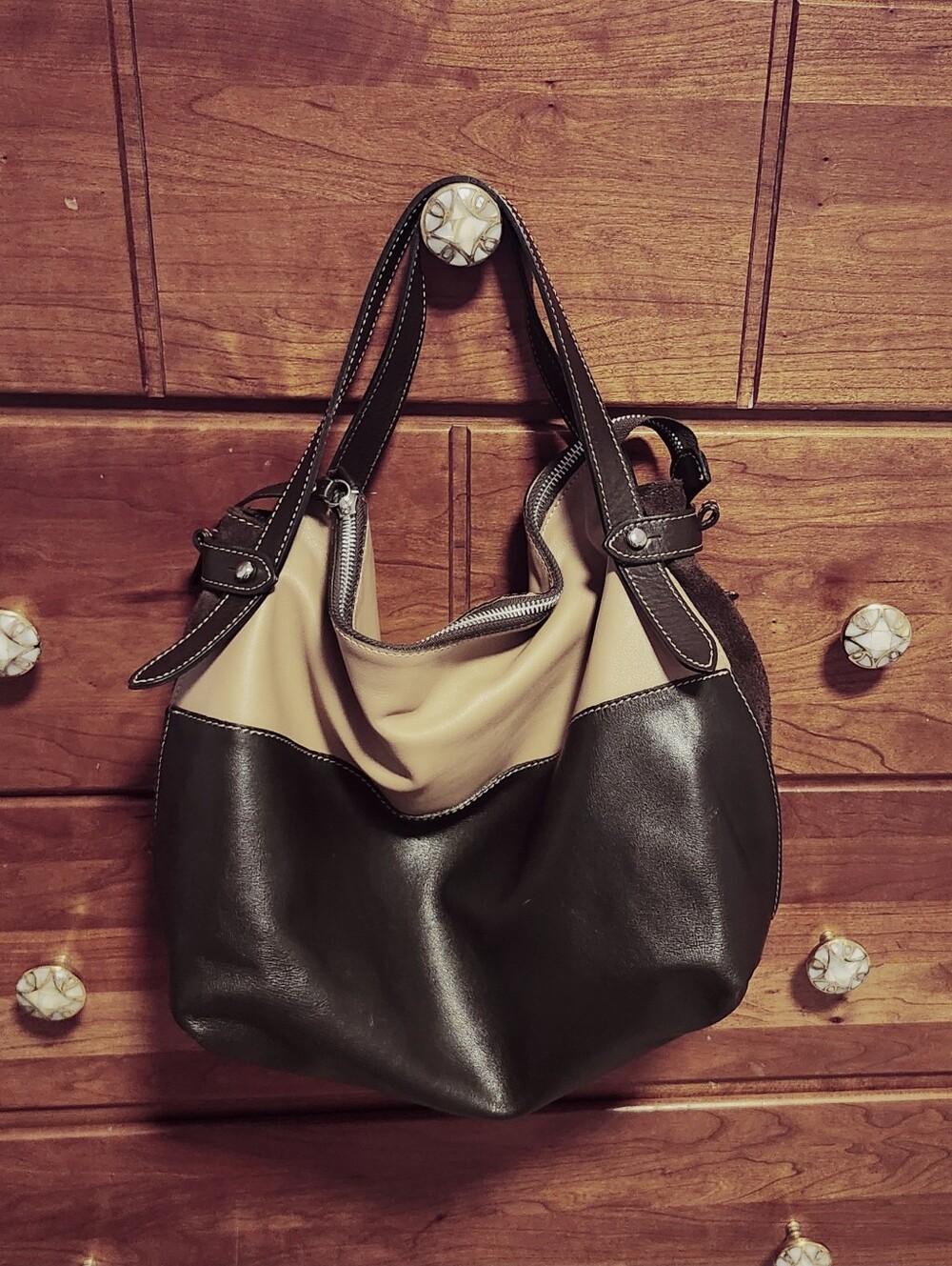 NICOLI Brown Suede & Leather Combo Tote Purse Italian Leather